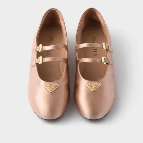 Prada Shoes - Prada satin Blush Leather Double-Strap Ballet Flats with Gold Hardware